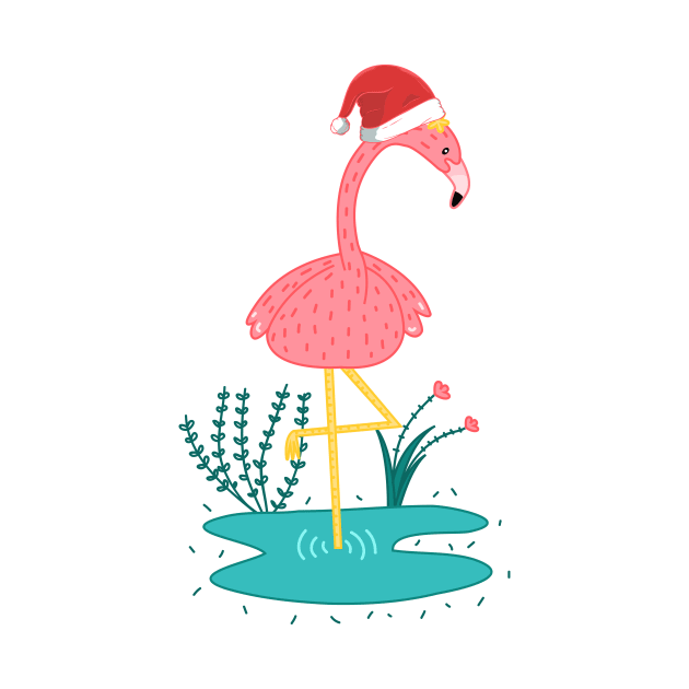 Cute Pink Flamingo Wear Santa Hat by Skylane