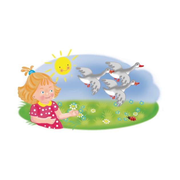 Cartoon flying geese And little girl by sonaart