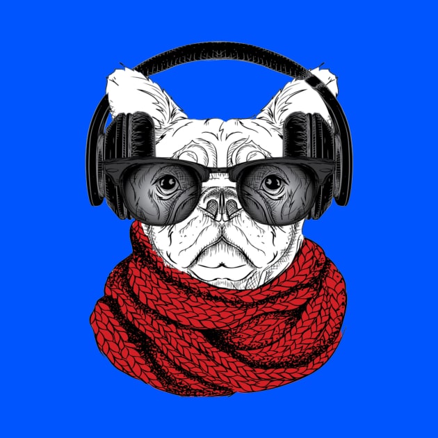 Dog in glasses, winter scarf and with headphones by amramna