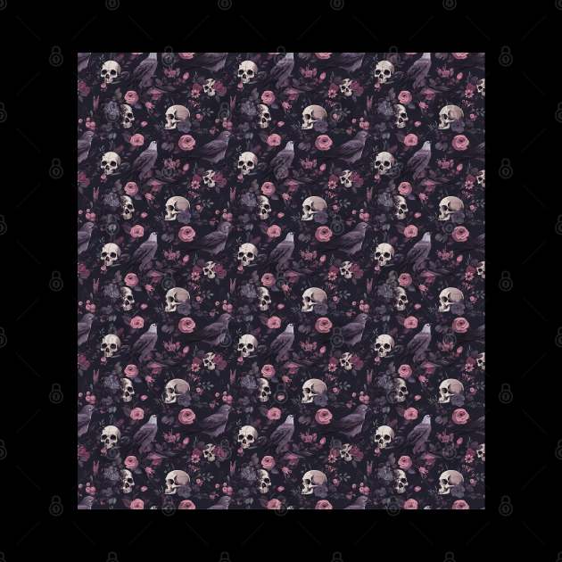 Skulls, Birds and Flowers Pattern Print by DJDesignStudios