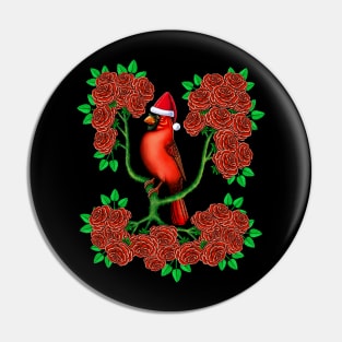 Red Cardinal in rose flowers Christmas Pin