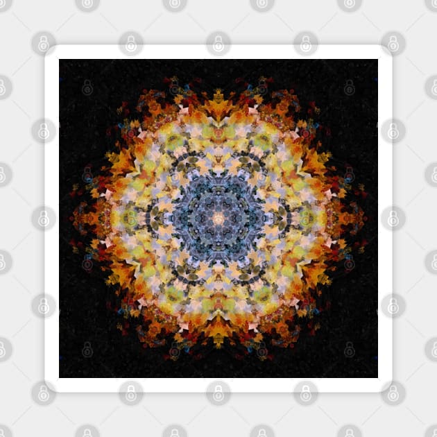 Digital Mandala Blue Yellow Orange and Black Magnet by WormholeOrbital