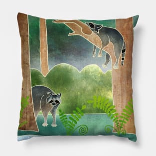 Cute Racoons in the Forest, Batik silk painting style Pillow