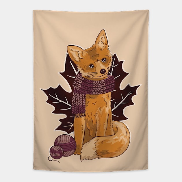 Fall Knitting Fox Tapestry by polliadesign