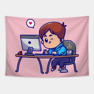 Cute Boy Working On Computer Cartoon Tapestry
