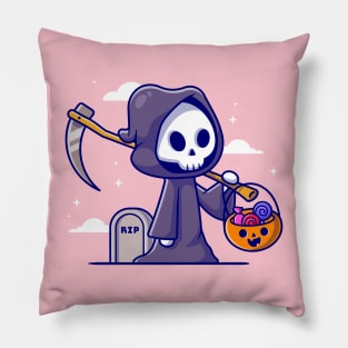 Cute Grim Reaper Holding Candy Basket Cartoon Pillow