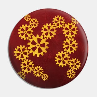 Golden steampunk gears on a red background Pin