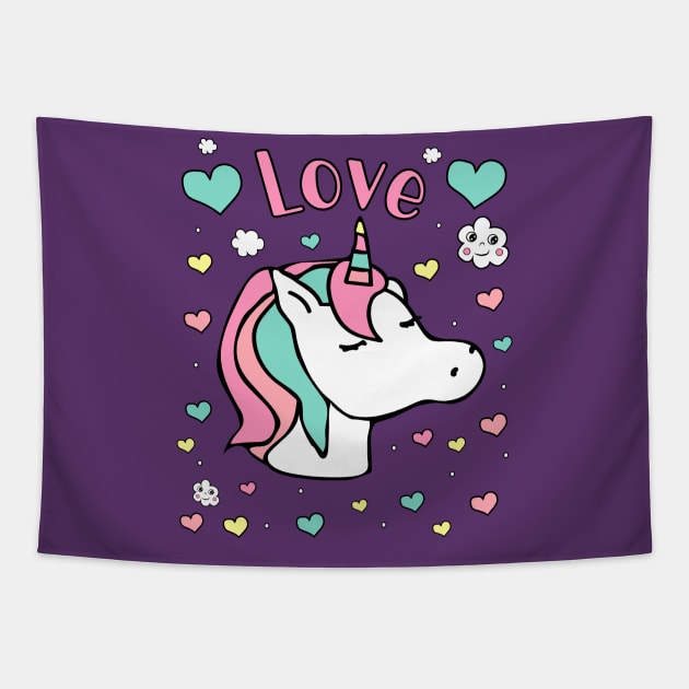 Love Pastel Heart Unicorn Tapestry by FruitflyPie