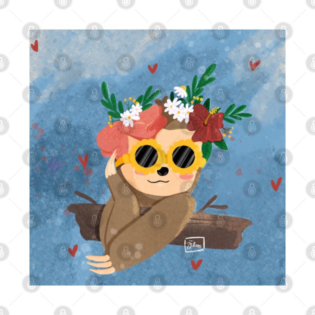 Cute Chic Sloth with flower crown and sunglasses by Jilooo by byjilooo