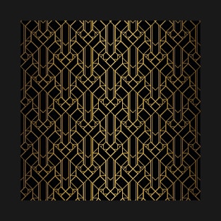 Black and Gold Fine Line Vintage Art Deco Geometric Pattern T-Shirt