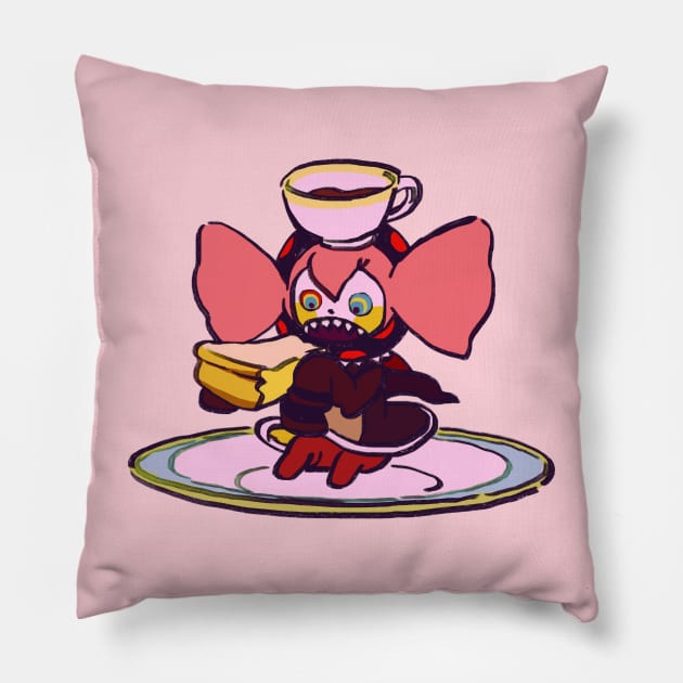 pink pastel charlotte eating cheesecake and coffee on a plate / madoka magica Pillow by mudwizard