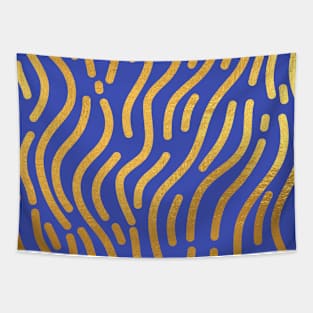 Indigo Blue Gold colored abstract lines pattern Tapestry