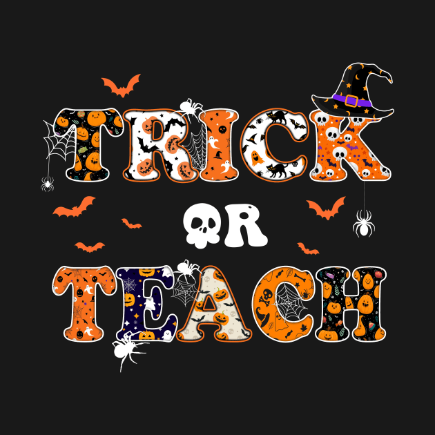 Retro Vintage Groovy Trick Or Teach Funny Halloween Costume T-Shirt by Kelley Clothing