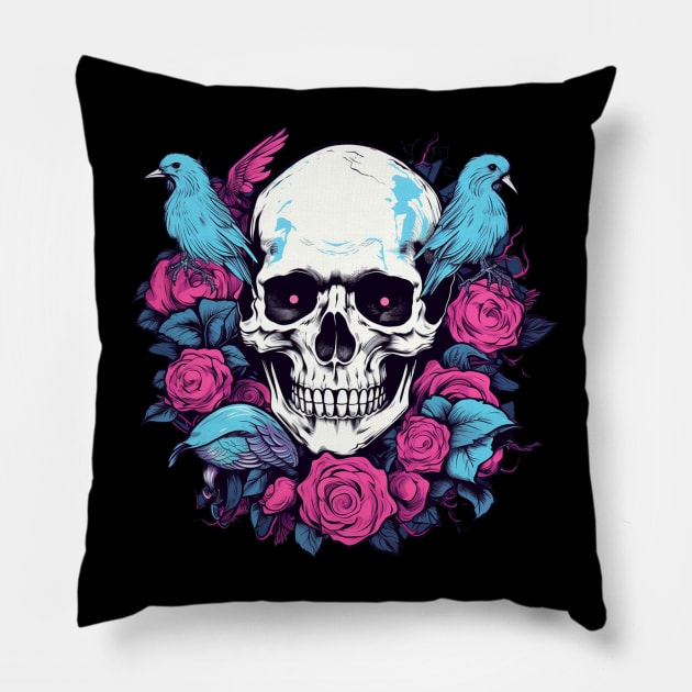 Floral Flowers Skull and Birds Pillow by TOKEBI