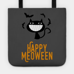 Happy Meoween – Bats and Grinning Black Cat Tote