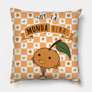 Kawaii Cute Tangerine fruit - With background v1 and Spanish words Pillow