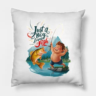 Joyous Boy Reeling in a Big Catch on Tranquil Lake Pillow