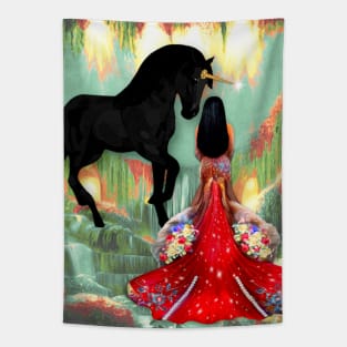 Magical Mermaid and Magical Black Unicorn Tapestry