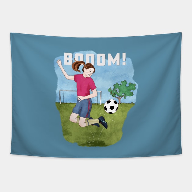 Booom! Girl playing soccer Tapestry by SW10 - Soccer Art