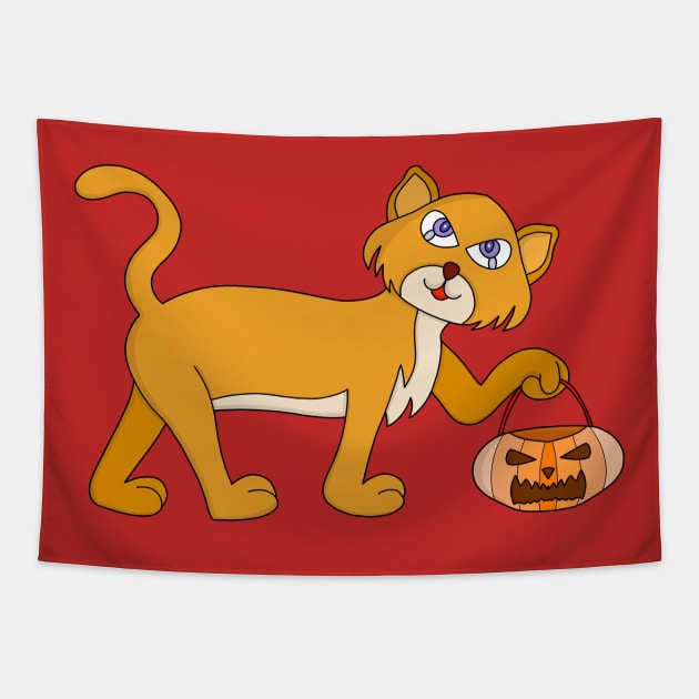 Yellow Pumpkin Cat Tapestry by DiegoCarvalho