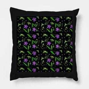 Gouache Purple and Yellow Flower Pattern with a black background Pillow