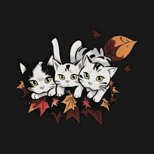 Autumn Whisker Wonderland, Three Cute Cats in Fall Leaves T-Shirt