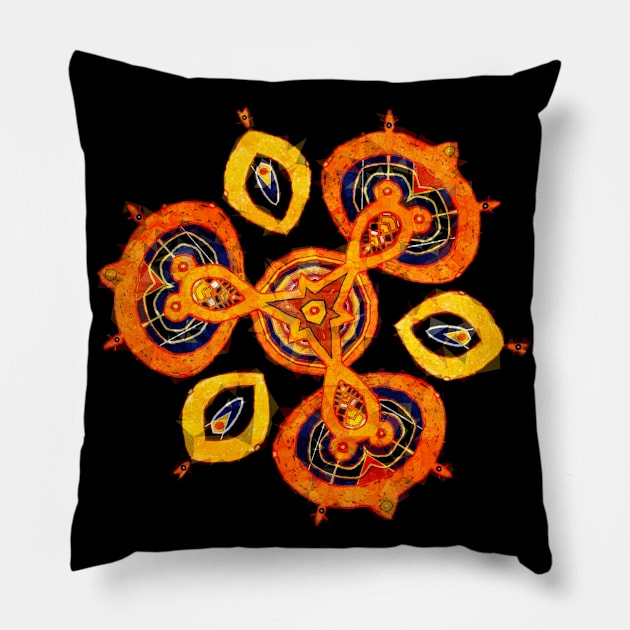 Petaaw Dance of the Cowrie Mystical African Patterns Orange Pillow by Tony Cisse Art Originals