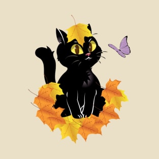 Autumn Leaves with a Black Cat T-Shirt
