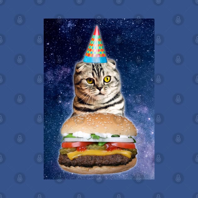 Funny Cheeseburger Birthday Space Cat by HungryDinoDesign