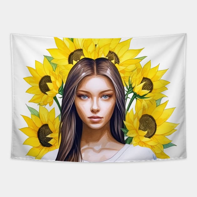 art of ukranian women with sunflowers Tapestry by Maverick Media