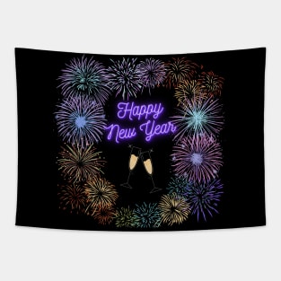 Happy New Year Fireworks with Champagne Flutes Tapestry