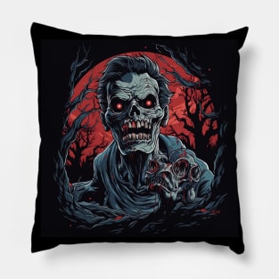 scary zombie with red eyes and red moon in background,halloween design Pillow