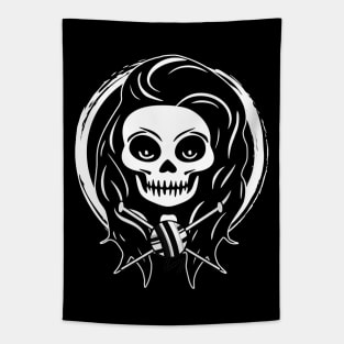 Female Knitter Skull and Knitting Needles White Logo Tapestry