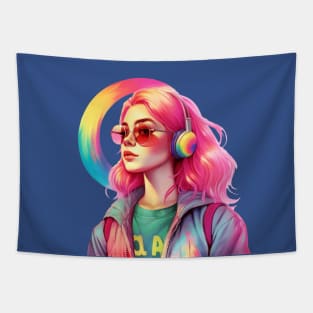 beautiful young girl in headphones with a rainbow Tapestry