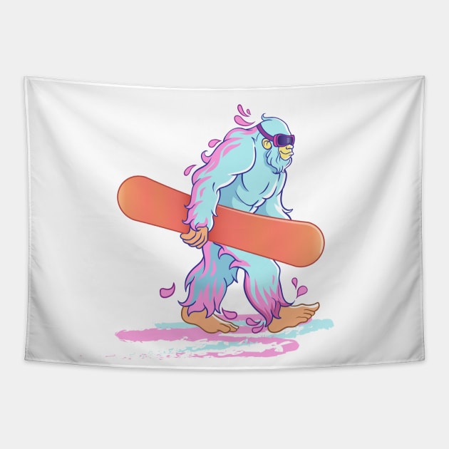 Yeti Goes Snowboarding Tapestry by makarxart