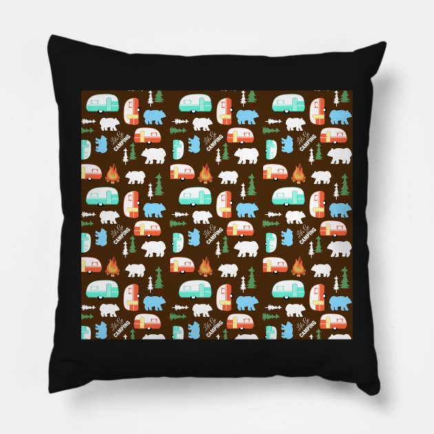 Camper Let's Go Camping Retro RV Life Pattern / Mocha Brown Pillow by JessDesigns