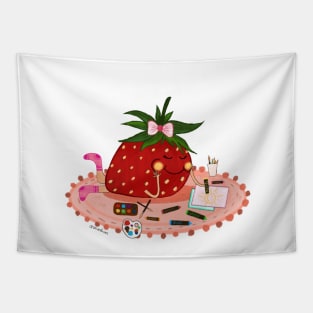 Strawberry  girl making art sticker Tapestry