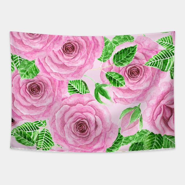 Pink watercolor roses with leaves and buds pattern Tapestry by katerinamk