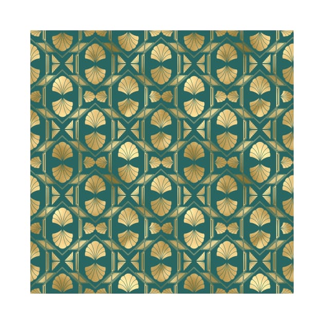 Teal and Gold Vintage Art Deco Scallop Shell Pattern by podartist