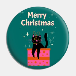 Merry Christmas! Cute black cat in box with bow illustration. Xmas art gift idea Pin