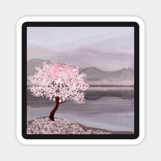 Cherry blossom tree on mountain and water landscape watercolor illustration Spring Japanese scenery Magnet