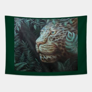 Jaguar in the Jungle with Sunlight Passing Through Green Leaves Tapestry