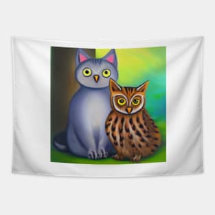 A Cat and An Owl Funny Pet Owner Tapestry