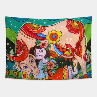 The girl with the cow decor Tapestry