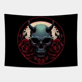 Dark scary skull with red rose flowers in a circle Halloween Tapestry