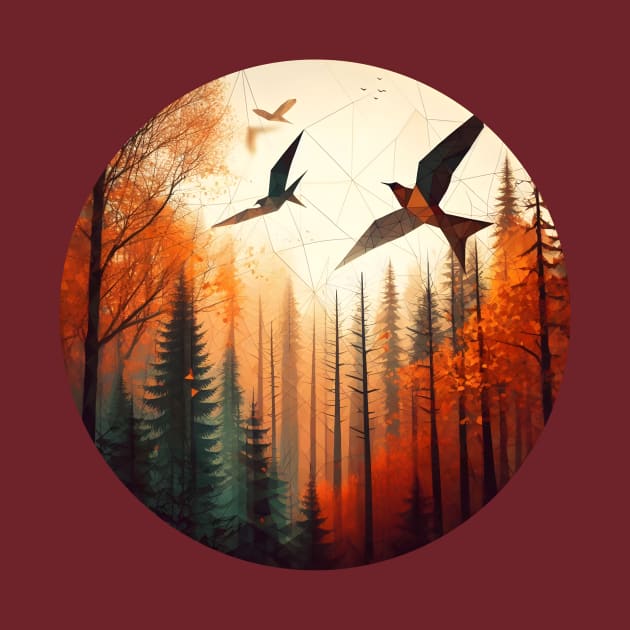 Low Poly Autumn Forest Treetops with Birds by Antipodal point