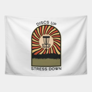 Discs Up Stress Down | Disc Golf Vintage Retro Arch Mountains Tapestry