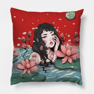 LOTUS GIRL WOMAN ILLUSTRATION POND ART moon Pillow