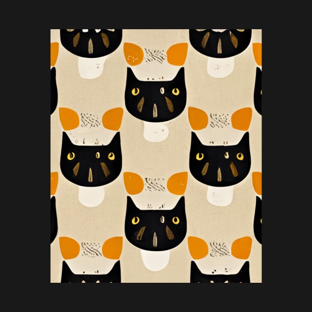 Cute Cat Pattern Abstract, Warm Colors Retro 70's Art, Black White Orange Cats Repeating Pattern by ThatVibe