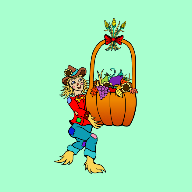 Scarecrow with Pumpkin Harvest Basket by Art by Deborah Camp